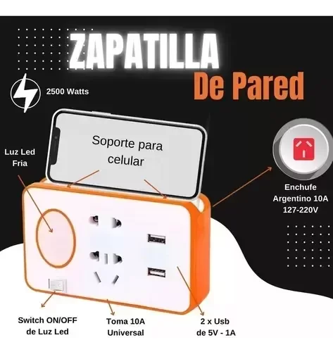 Producto - Adaptador de Pared Multifunción con USB, Luz LED y Soporte