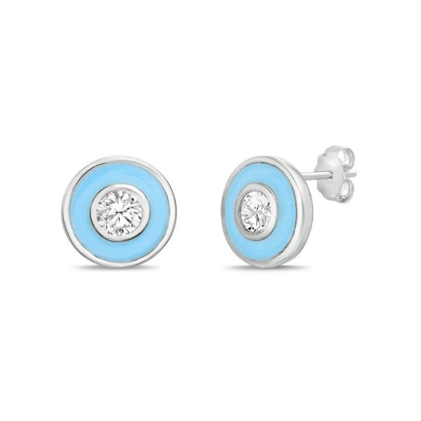 Producto - Par aros ojito , piedra y esmalte celeste