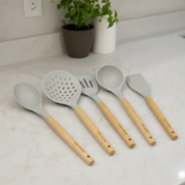 Producto - SET DE 5 UTENSILIOS DE SILICONA Y MADERA PREMIUM 32 CM - 1