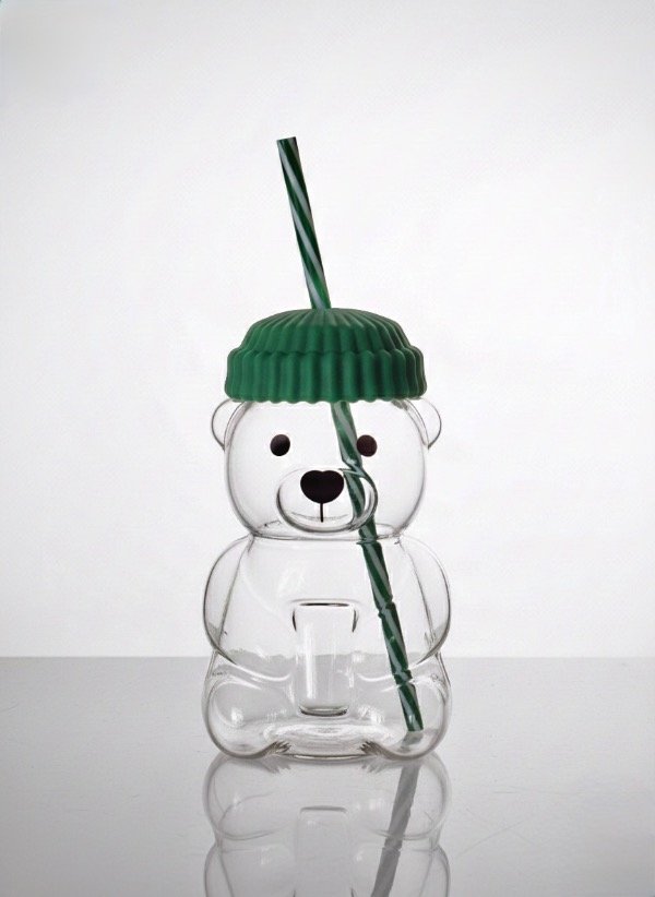 Producto - Vaso vidrio con tapa y sorbete Oso Barista