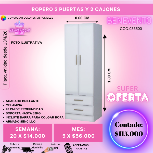 Producto - ROPERO 2 PUERTAS Y 2 CAJONES BENEVENTO