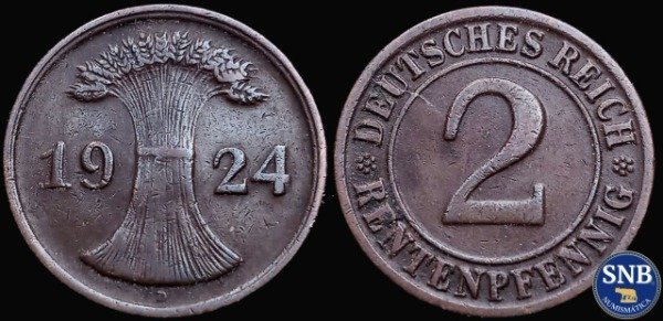 Producto - Alemania - República de Weimar - 2 Pfennig (1924 D) KM #31 [VF-]