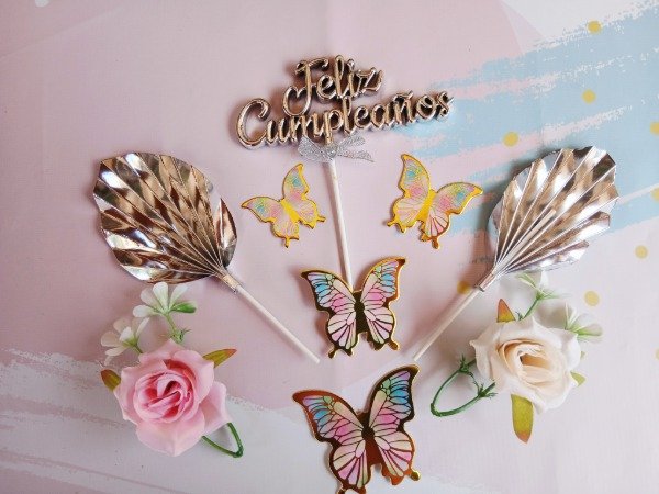 Producto - Set feliz cumple + hojas de palma plateado