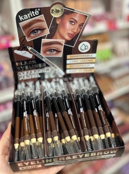 Producto - DELINEADOR MARRÓN Y NEGRO 2 EN 1 KARITÉ CON CEPILLITO Y SACA PUNTA