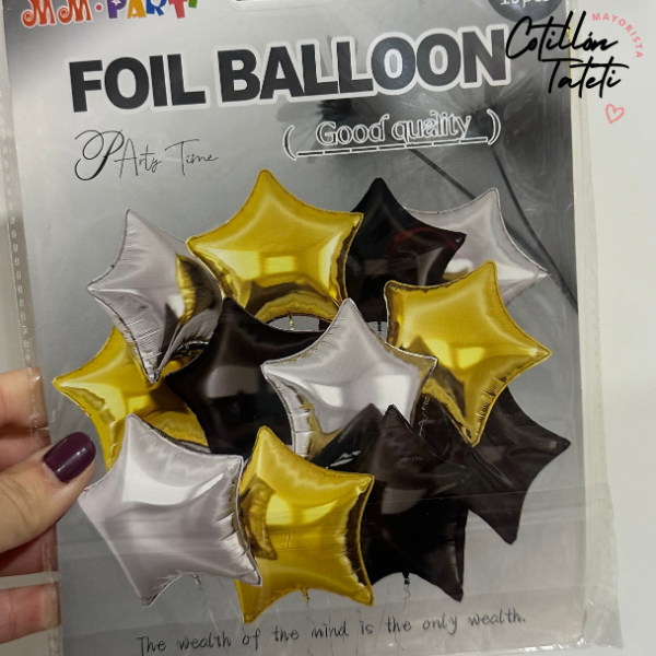 Producto - SET 10 GLOBOS ESTRELLAS ORO/PLATA/NEGRO