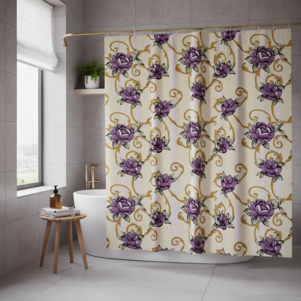 Producto - Cortina para Baño de Raso Teflonada Estampada + Ganchos "Flores Lila"
