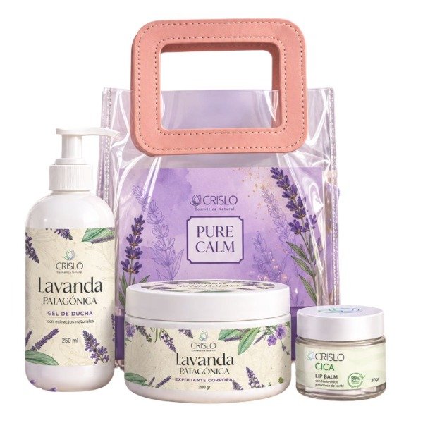 Producto - Pure Calm- Lip balm + Gel de ducha+ exfoliante corporal  lavanda + bolsita