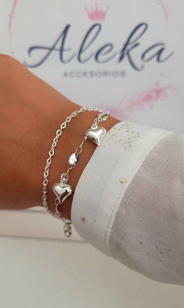Producto - Pulsera doble cadena con corazones de acero blanco
