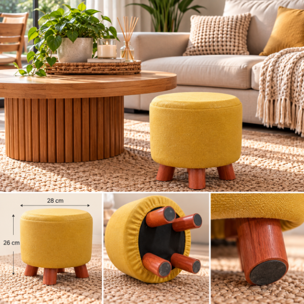 Producto - PUFF CIRCULAR C/ BASE MADERA 28CM DE DIAMETRO X 26 DE ALTURA TELA ACOLCHADA - 4