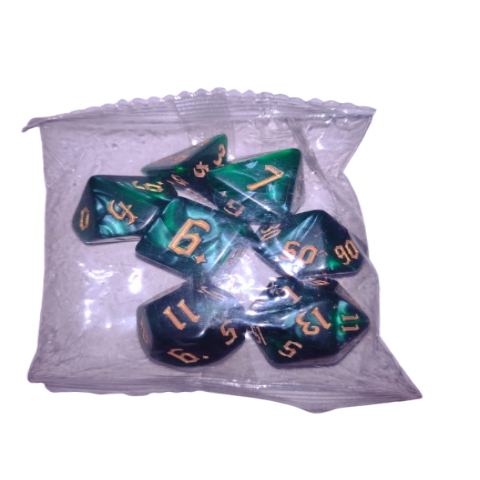Producto - Set de 7 Dados - Verde Marmolado con Dorado