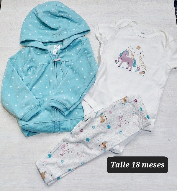 Trio carters campera pantalon y body talle 18 meses celeste