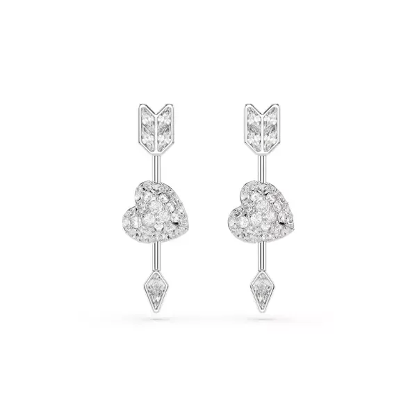 Producto - Pendientes Idyllia, Tallas mixtas, Corazón con flecha, Blancos, Baño de rodio
