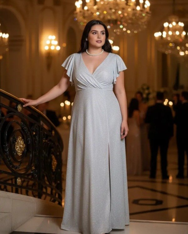 Producto - Vestido Largo manga plateado lurex Talle grande