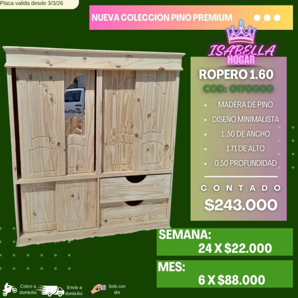 Producto - ROPERO DE PINO DE 1.60 CON ESPEJO COD:0170000