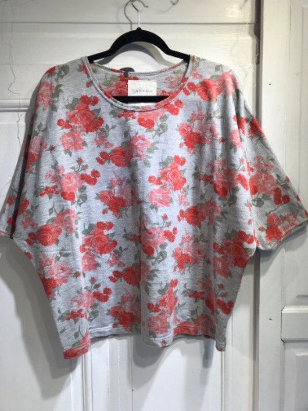 Producto - Buzo WANAMA gris floreado colorado manga 3/4- Talle U- PRECIO: 28x