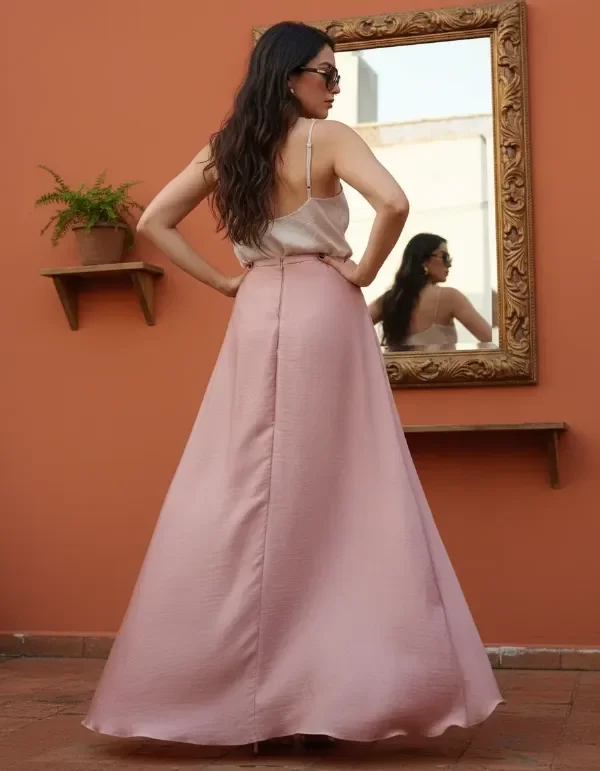 Producto - Pollera Larga Rosa Palo con tajo de saten con tenue brillo ideal dia - 2