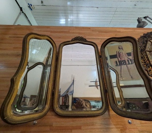 Producto - Espejo Tríptico Antiguo con Vidrios Biselados de marco Original
