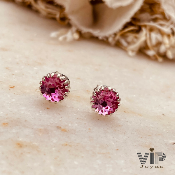 Producto - Aros Cristal Rosa Engarzados 9mm Plata 925