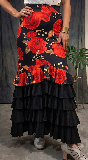 Producto - FALDA MONETA FLOREADA CON VOLADOS NEGROS TM