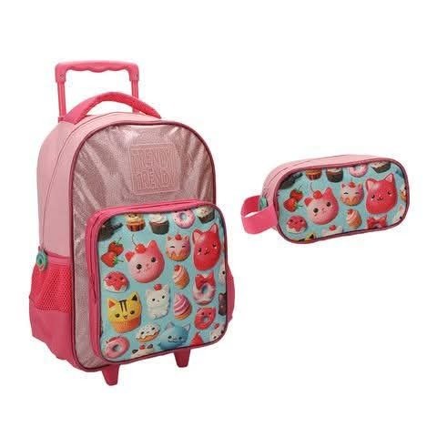 Producto - MOCHILA 13" CON CARRO Y CARTUCHERA GATITOS GLITTER TRENDY