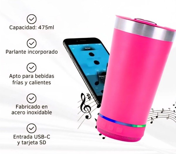 Producto - Vaso térmico con abridor y con parlante Bluetooth 475ml