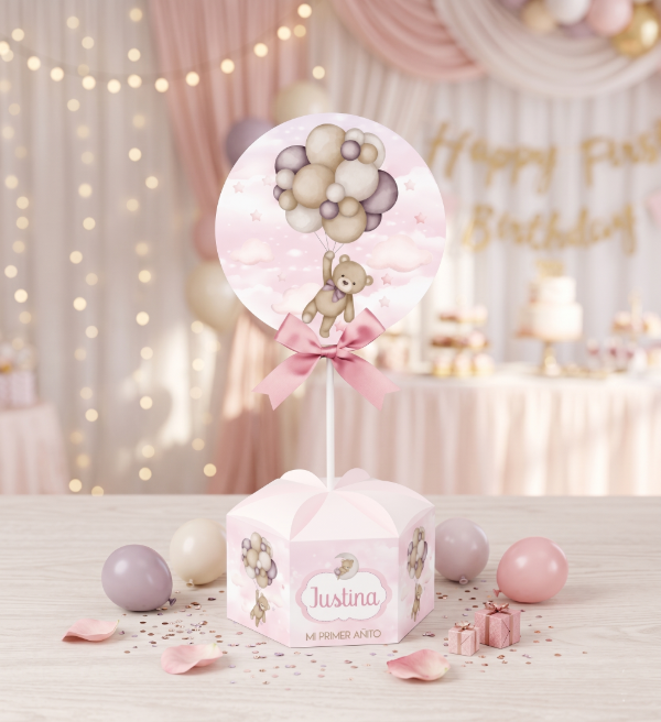 Producto - Kit Imprimible Centro Mesa Hexagonal Osita Globo Rosa