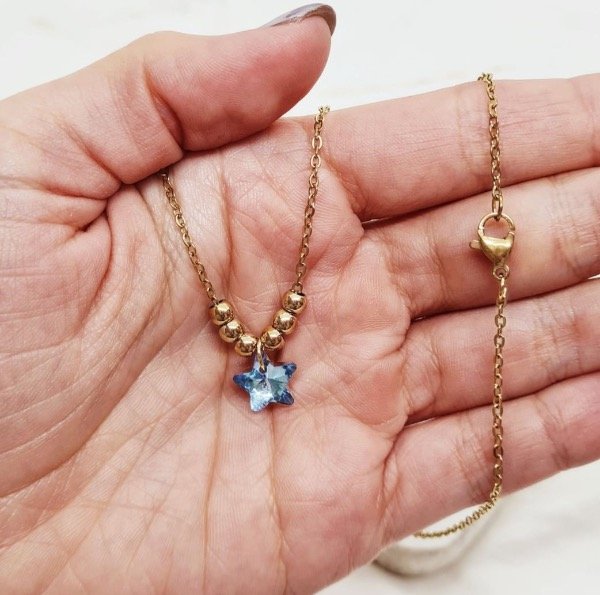 Producto - Cadenita acero dorado con bolitas - estrellita celeste