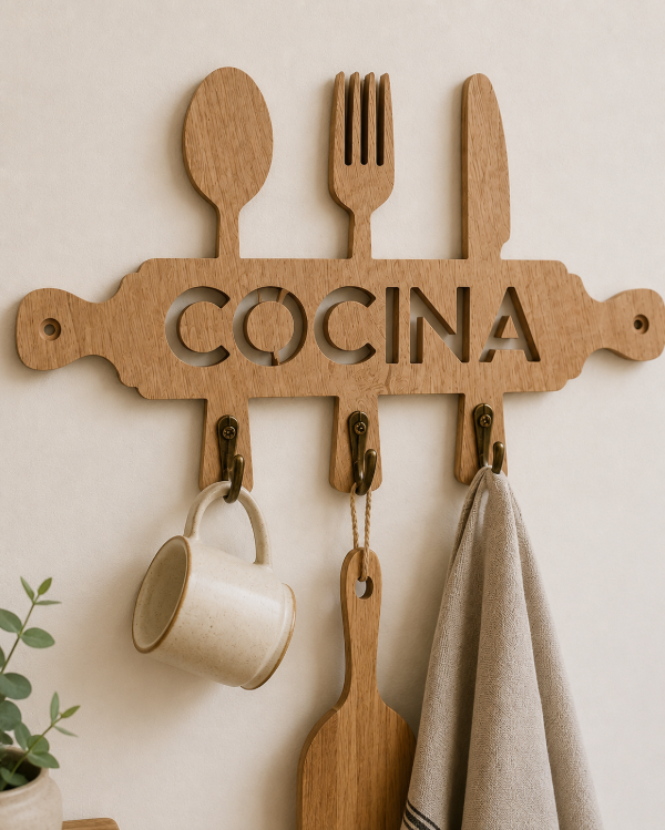 Producto - perchero cocina con 3 ganchos color madera