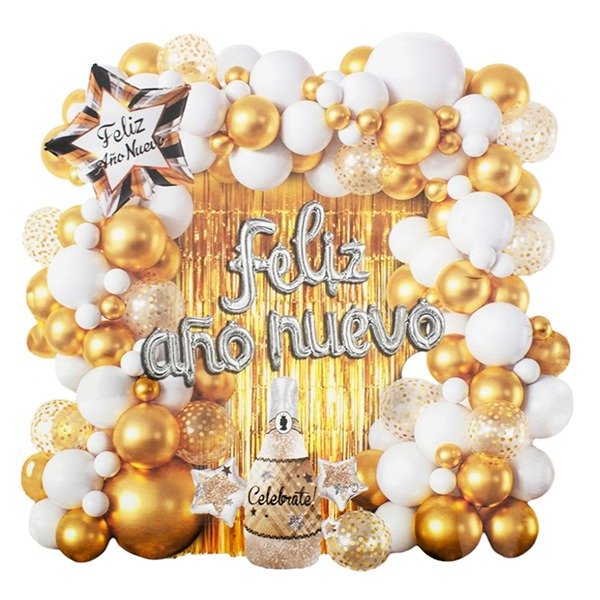 Producto - KIT GLOBOS FELIZ AÑO NUEVO DORADO/BLANCO 59 PIEZAS x1