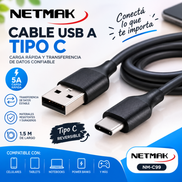 Producto - CABLE USB A TIPO C 1.5M 5A NETMAK NM-C99