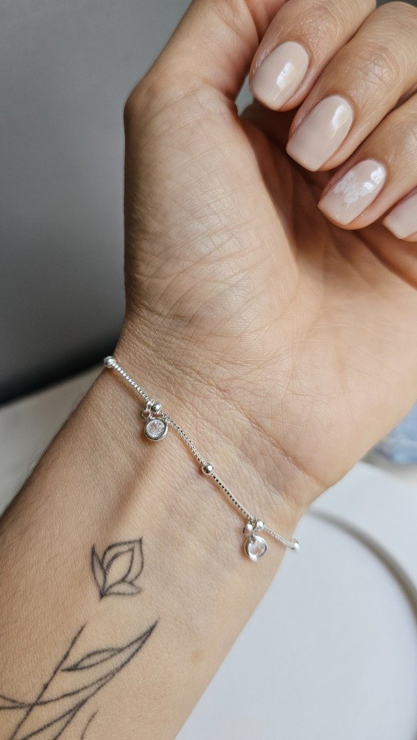 Producto - Pulsera veneciana con bolitas y cubic colgante 18 a 21cm. Plata