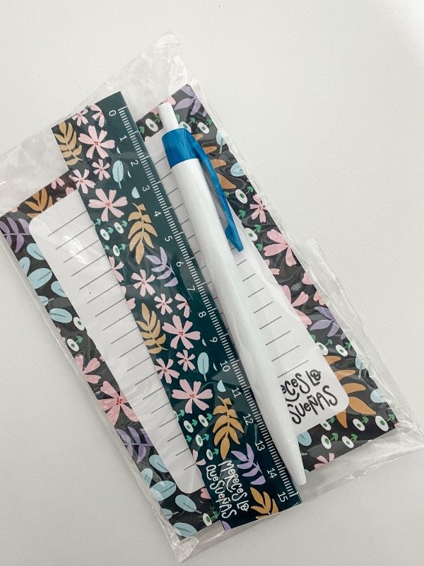 Producto - Set de escritorio. Lapicera, regla y anotador. Azul