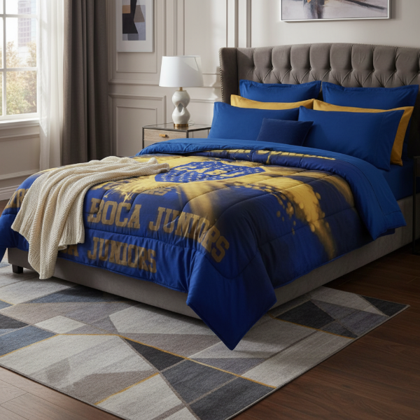 Producto - Acolchado "Boca Juniors" de 1 1/2 Plaza Reversible a liso color Azul oscuro