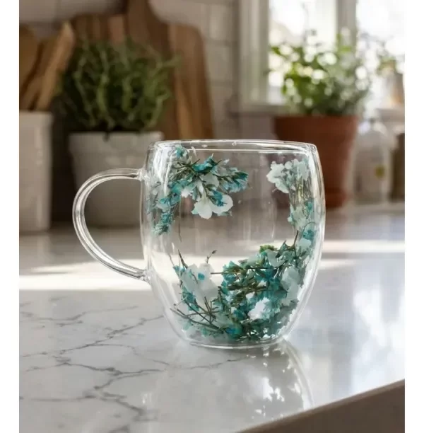 Producto - Tazas De Vidrio Doble Pared 250ml y 350ml Con Asa Con Flores Azules