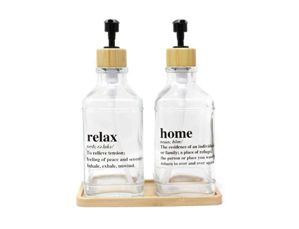 Producto - Set  dispensers vidrio TRANSPARENTE con bandeja bamboo
