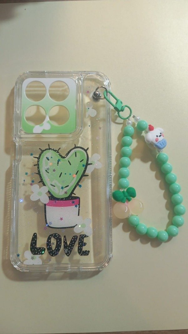 Producto - Funda Transparente Diseño Con Glitter y Cadena Cactus para Moto G67-77-87