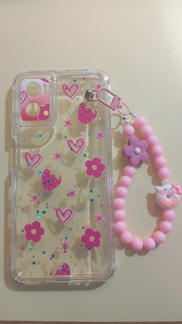 Producto - Funda Transparente Diseño Con Glitter y Cadena Flores y Frutiilas para Moto E22