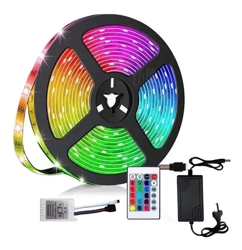 Producto - Tira Led Multicolor RGB 5 Metros con Fuente y Control 5050 Interior/Exterior