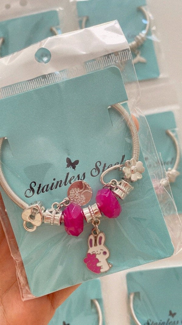 Producto - Pulsera simil Pandora. ACERO. Fucsia
