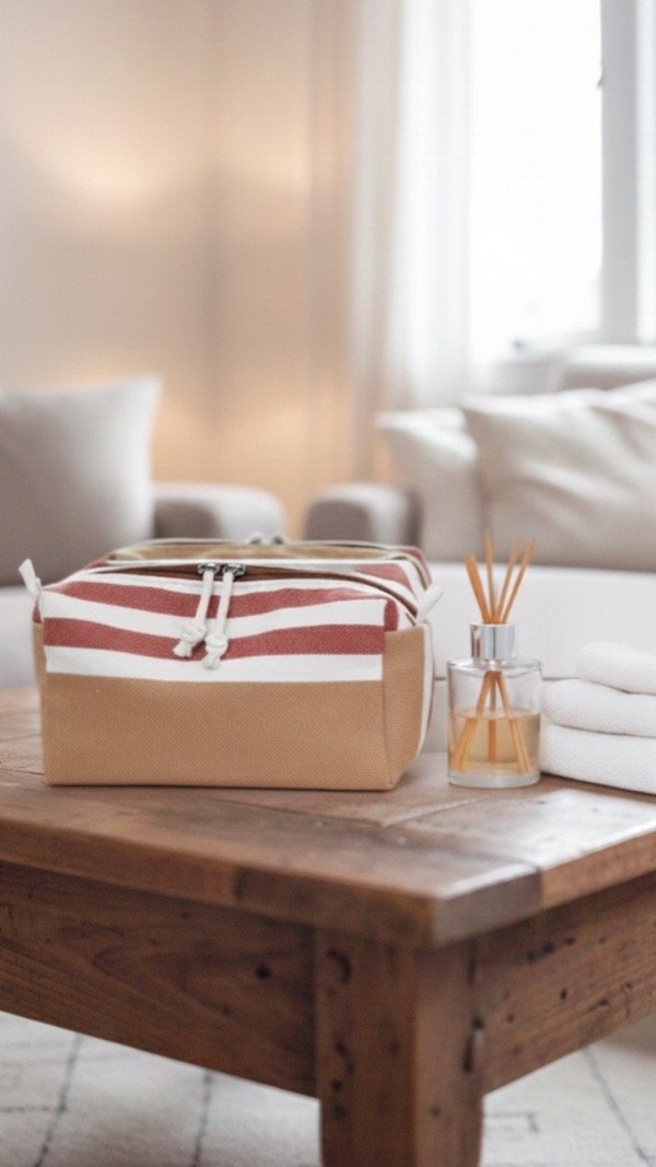 Producto - Neceser a rayas - mostaza y bordó