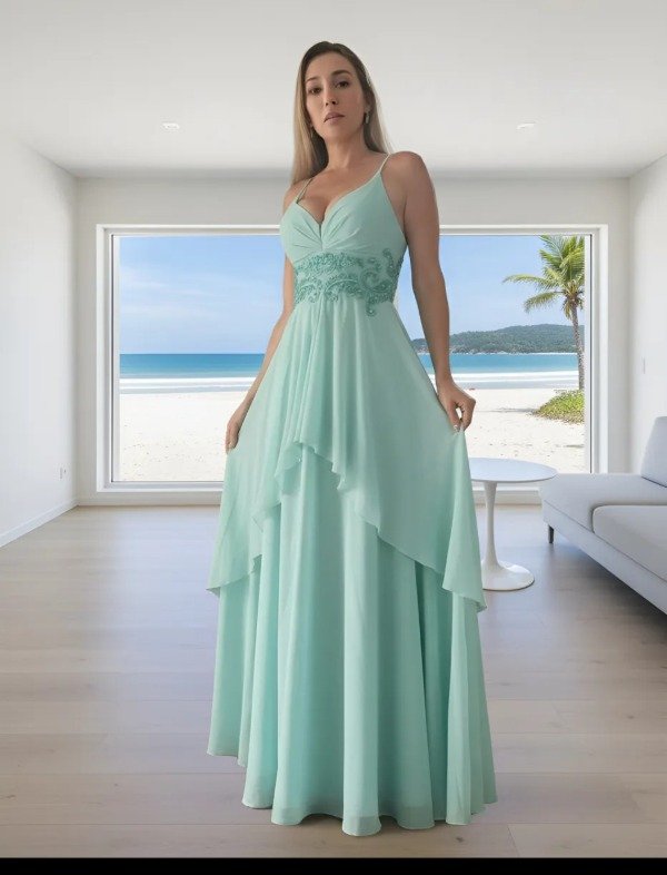 Vestido largo fiesta aqua escote corazón gasa — imagen 2