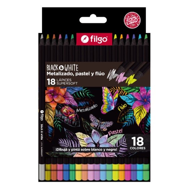 Producto - Lapiz de Colores FILGO BLACK WHITE x 18  surtidos Pastel/Metal/Fluo