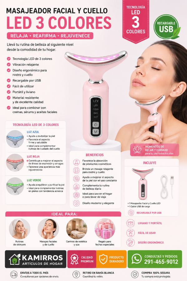 Producto - Masajeador Facial y de Cuello LED 3 Colores Recargable USB - 0