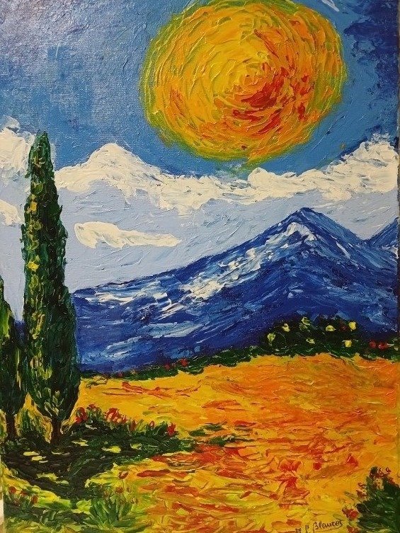 Producto - Cuadro Decorativo- Paisaje de montaña y cipreses