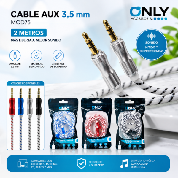 Producto - Cable Auxiliar 3.5 ONLY Jack Cabezal de Metal. 2 Metros de cable Reforzado