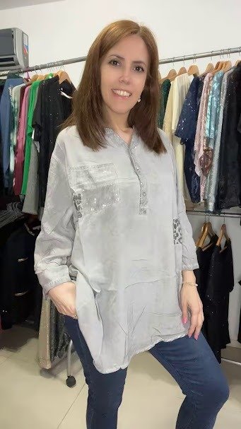 Producto - Blusa Moda Italiana Lentejuelas Larga 130 cm contorno - Gris Transf 75.000