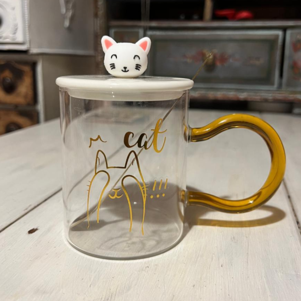 Producto - Taza temática de vidrio Cat asa dorada