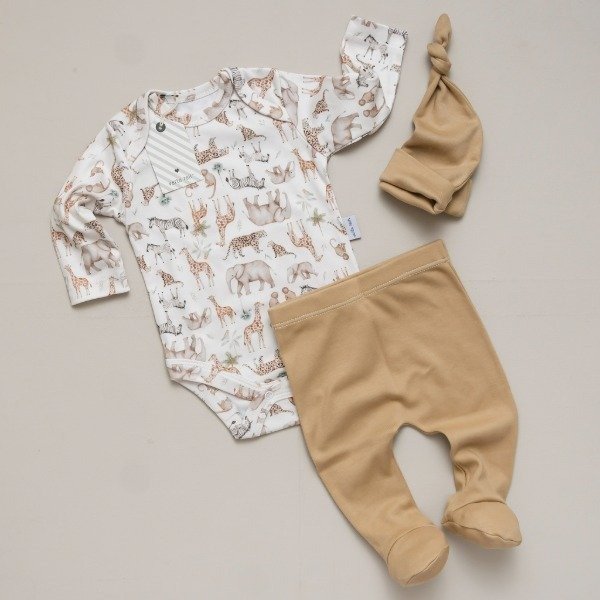 Producto - Selva - Body estampado + ranita y gorro liso