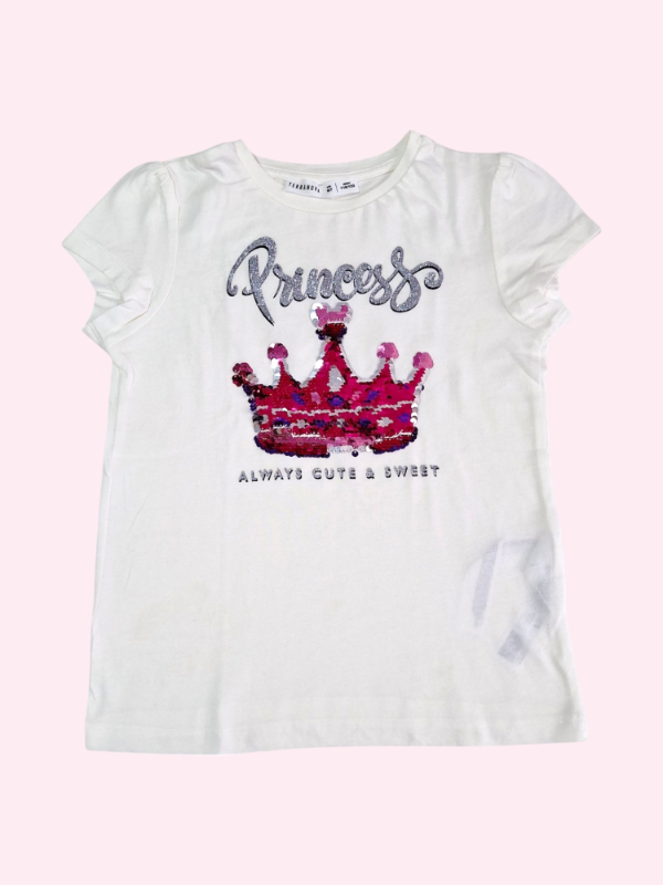 Producto - Remera manga corta blanca con corona lentejuelas Terranova 6/7 años