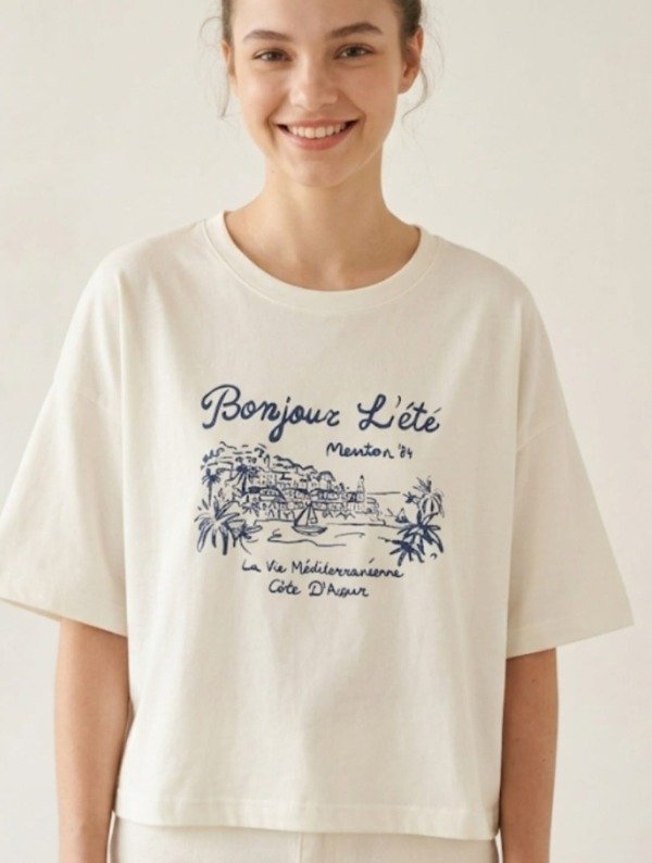 Producto - Remera Over Manga Codo Estampa Bonjour Algodón Ice (Art. 6198)